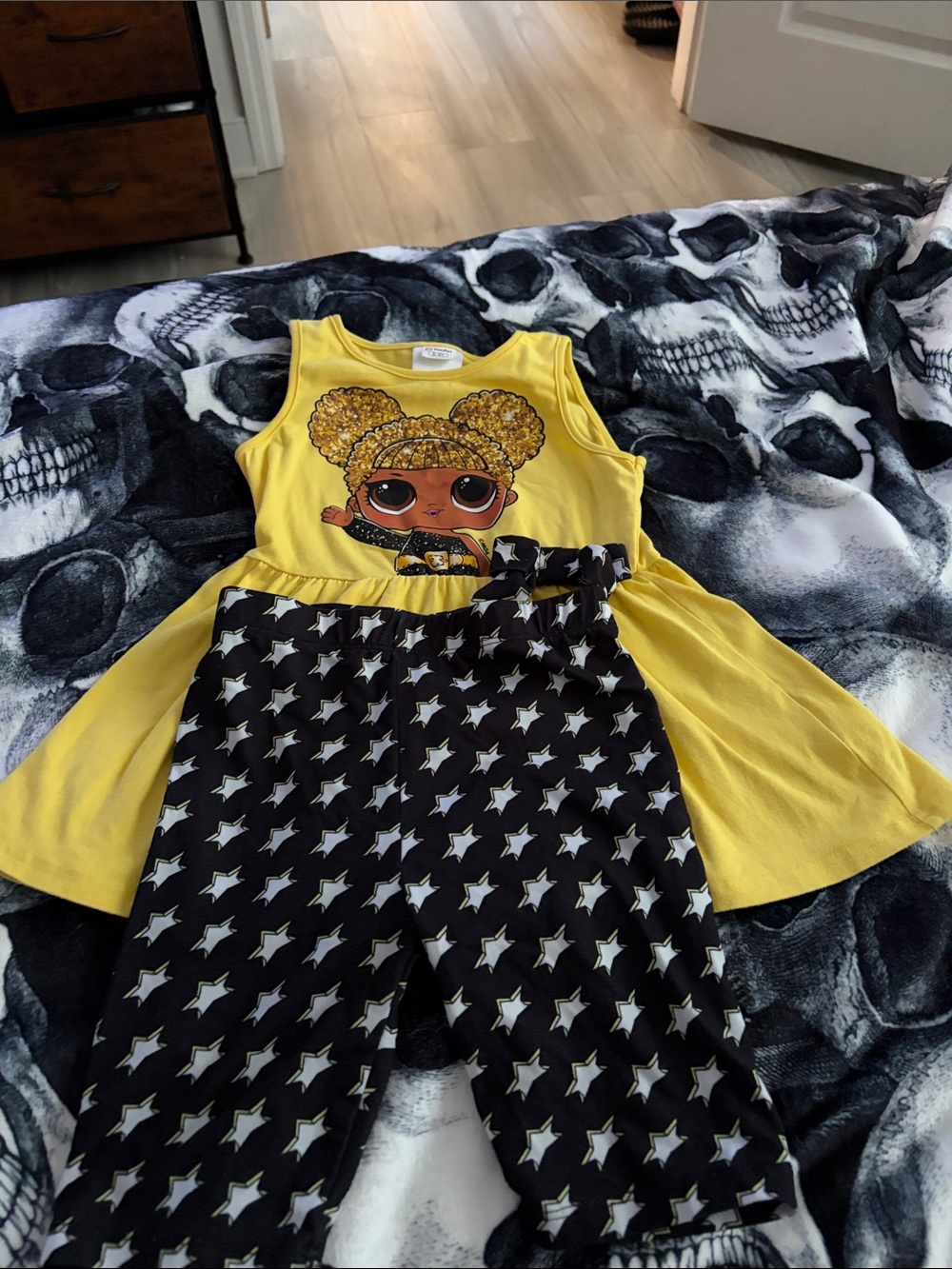 Yellow Doll Graphic Tank Dress & Black Star Shorts Set - Kids
